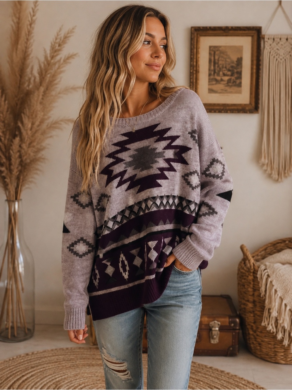 American Eagle Outfitters Gray & Plum Aztec Knit Sweater